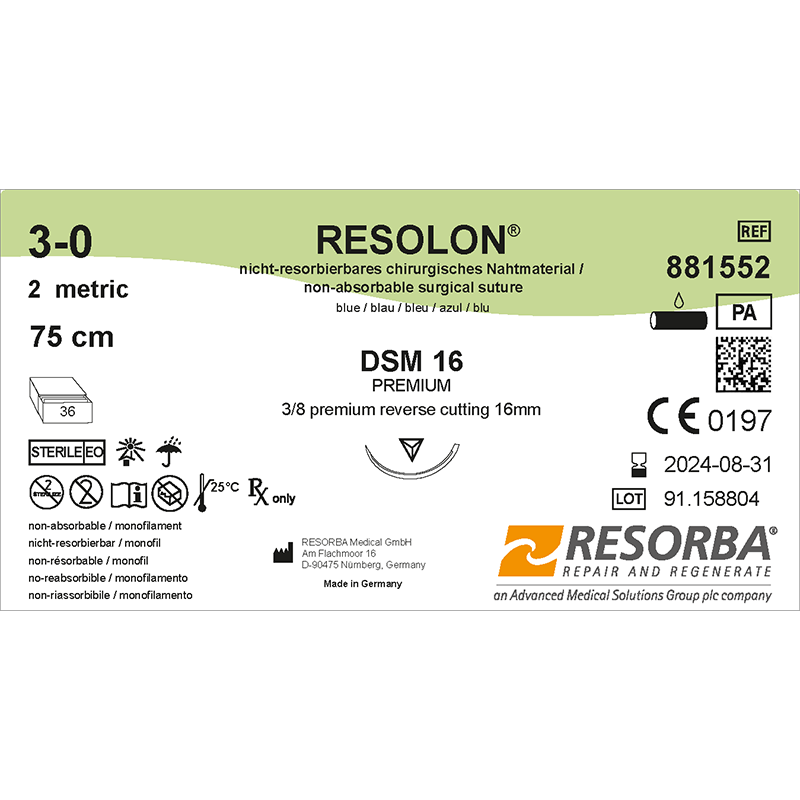 Резолон USP3-0 синій, 75см, зворотньо-ріжуча голка 16мм, типу преміум, 3/8 кола